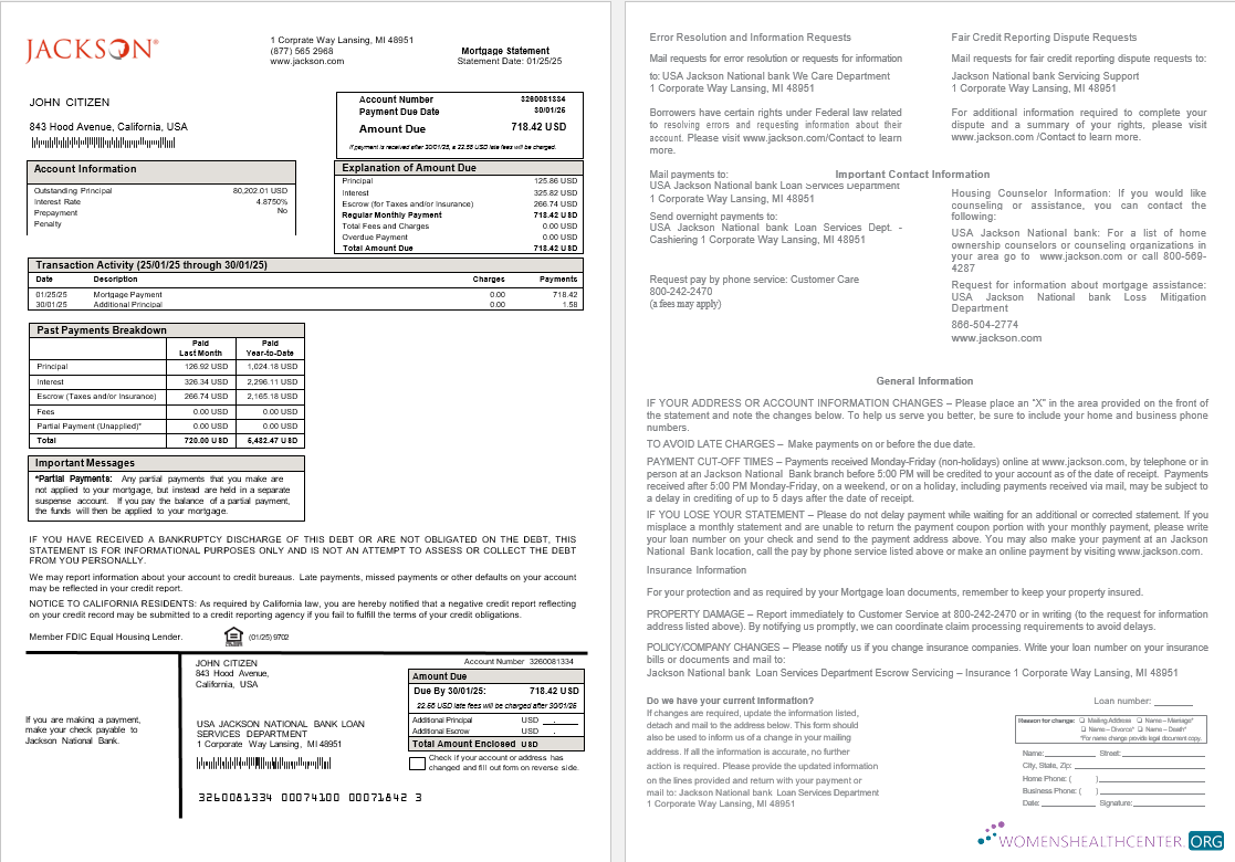 Download USA Jackson National bank mortgage statement in Word and PDF formats Photoshop template